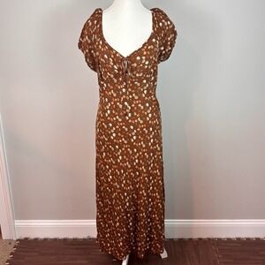 Sky & Sparrow‎ Brown Floral Milkmaid Womens Midi Dress SZ Large Coquette Boho